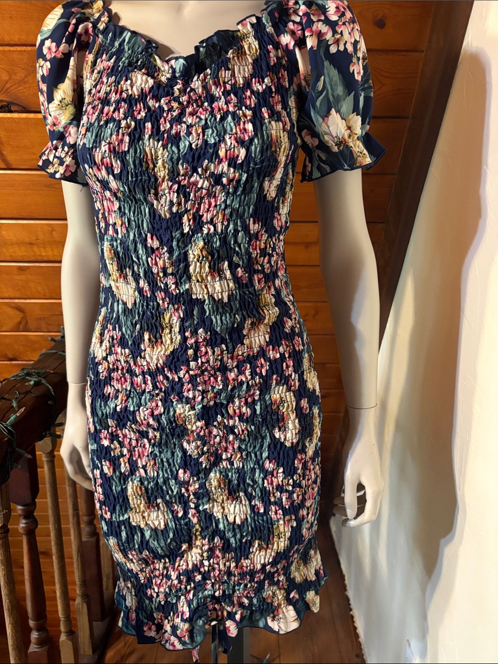 Prettygarden M Navy Floral Smocked Midi Dress Puff Sleeve Cottagecore